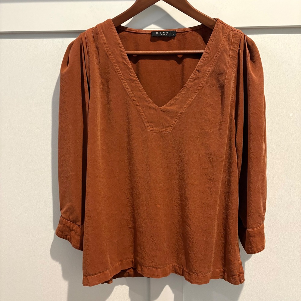 Maven West Top Rust Brown V-Neck Blouse Puff Sleeve Boho USA Made Small